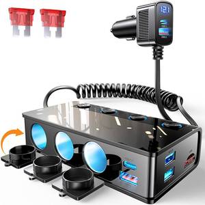 lot 14460 image: 9 in 1 Cigarette Lighter Splitter, 191W Cigarette Lighter Adapter with 2 PDQC3.0, 24V 12V Independent Switches DC Cigarette Outlet Car Charger for iPhone 17 16 15 14 13 12 and All Road Trip Devices