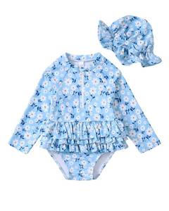 lot 14462 image: Baby Girl Bathing Suit Blue Baby Swimsuit Girl One Pieces Rash Guard Bathing Suit Ruffle Swimwear Infant Long Sleeve Floral Swimsuit 3-6 Months