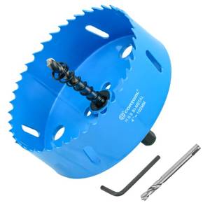lot 14479 image: 4 Inch Hole Saw with Arbor for Metal and Wood Cutting, Bi-Metal Hole Cutter, 4 Hole Saw Kit for Drywall, Wood, PVC Boards, Fiberglass and Vent Pipes