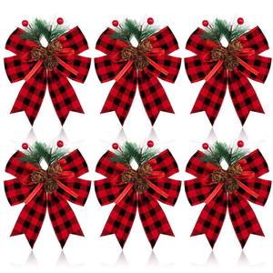lot 14487 image: Syhood 6 Pcs Christmas Bows with Pine Cones Pine Needles Xmas Velvet Bows Black and Red Ribbon Christmas Tree Wreath Decoration for Xmas Parties Indoor Outdoor Crafts DIY Decor