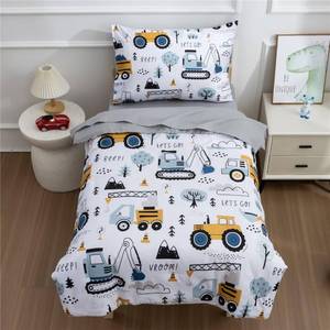 lot 15286 image: NTBED 4 Pieces Construction Toddler Bedding Set for Baby Boys,Tree Truck Vehicles Excavator Cars Printed, Includes Comforter, Flat Sheet, Fitted Sheet and Pillowcase,Light Grey