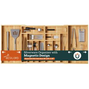 lot 15299 image: Silverware Organizer Large, Magnetic Connected Expandable 13 Slots Silverware Drawer Organizer From 21 to 37.4 Inches, Adjustable Flatware and Cutlery Holder, Bamboo Utensil Tray for Kitchen Natural