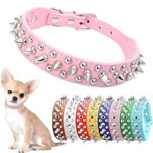 lot 16391 image: Spiked Dog Collar for Small Dogs Soft PU Leather Spike Puppy Collar Anti Bite Studded Rivet Cat Collar for Kittens Small Medium Pets Like Chihuahua Pug Pit Bull Bulldog, Pink M