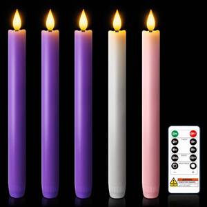 lot 16394 image: Meigic LED Advent Candles Set of 5, Flameless Taper Candles with Remote, Battery Operated Taper Candlestick Flickering, 3 Purple, 1 Pink, 1 White for Christmas Wreath