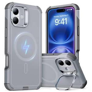 lot 16401 image: ESR for iPhone 16 Case with Stand, 23 ft Military-Grade Drop Protection, Heavy Duty Magnetic Phone Case, Compatible with MagSafe Accessories, Cyber Series, Light Grey