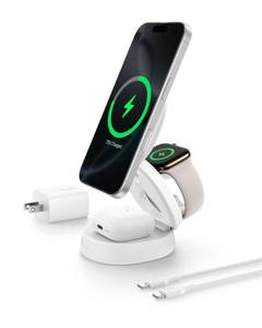 lot 16402 image: Belkin MagSafe Charger Compatible, 3-in-1 Qi2 15W Wireless Charging Station, Convertible Wireless Charger for iPhone 17, Apple Watch, AirPods, Pixel 10, Phone Stand for Travel w 36W Adapter - White