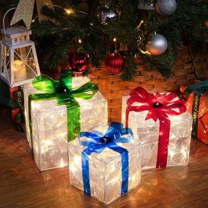 lot 1508 image: SANHSEHOME Set of 3 Christmas Lighted Gift Boxes, 60 LED Light Up Present Boxes for Christmas Decorations Indoor Outdoor Yard Xmas Tree Holiday Party Lawn Porch Home Decor (PVC)