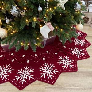 lot 1519 image: Starry Dynamo 60-Inch Reversible Knit Tree Skirt with Christmas Star��Inspired Pointed Edge Border and Lace-Up Closures, Machine Washable Thick Acrylic Yarn, Burgundy & White
