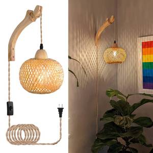 lot 1520 image: Frideko Bamboo Lantern Plug in Wall Sconces Wicker Wall Lamp with Plug in Cord Hand Woven Rattan Wall Light Farmhouse Rustic Wall Sconces Boho Sconces Wall Lighting for Living Room Bedroom