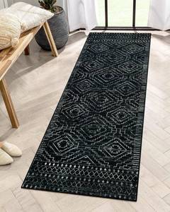 lot 1525 image: Wonnitar Washable Kitchen Runner Rug 2x6, Moroccan Black Runners for Hallway, Non Slip Bohemian Soft Bathroom Throw Mat Geometric Carpet Runner for Laundry Entryway Bedroom (Black,2x6)