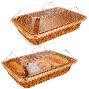 lot 1530 image: Mumufy 2 Pack Thanksgiving Wicker Large Bread Basket for Serving with Acrylic Lid Woven Rectangular Imitation Rattan Fruit Basket with Cover Food Display Tabletop Christmas Kitchen(13.78x9.84)