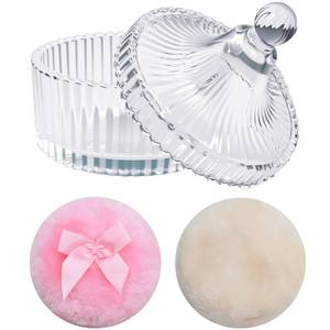 lot 2312 image: KuuDack Large Body Powder Puff and Container Set - 2 Soft Washable Velour Puffs with Crystal Glass Storage Box, Reusable for Face Body Shimmer Powder, Dry Wet Makeup Application (Transparent)