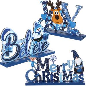 lot 2330 image: Blulu 3 Pcs Christmas Decorations Indoor Centerpieces for Tables Tabletop Wooden Signs Farmhouse Centerpieces Xmas Snowman Santa Claus Gnome Signs Merry Christmas for Xmas Holiday Party Decor(Blue)