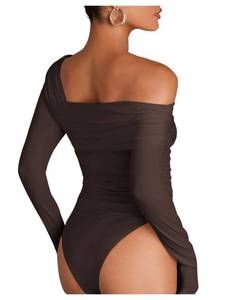 lot 16488 image: SweatyRocks Womens One Shoulder Bodysuit Long Sleeve Asymmetrical Backless Body Suits Leotard Tops Coffee Brown Medium