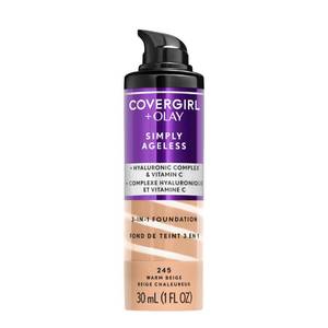 lot 16497 image: COVERGIRL & Olay Simply Ageless 3-in-1 Liquid Foundation, Matte Finish, Hyaluronic & Vitamin C Formula, 245 Warm Beige, 1 Count