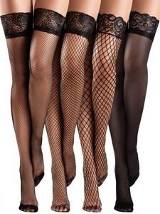 lot 2350 image: Bencailor 4 Pairs Fishnet Thigh High Stocking for Women Silicone Lace Top Sheer Over Knee Stockings(Black,Large,Classic Style)