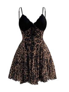 lot 2351 image: MakeMeChic Womens Plus Size Fall Mini Dress Cheetah Print Ruffle A Line Floral Lace Vintage Short Dresses Brown XX-Large Plus