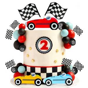 lot 2366 image: Race Cake Toppers with Acrylic Red Yellow Blue Car Black Red Blue Balls Flags Set for Birthday Party