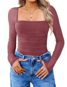 lot 2371 image: Avidlove Womens Square Neck Mesh Long Sleeve Bodysuit Shirts Ruched Body Suit Sexy Sheer Tops Date Night Outfit M