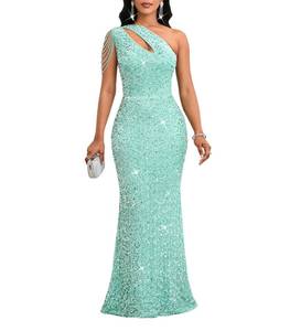 lot 2376 image: Cololura Women Sexy Sequin Elegant One Shoulder Tassel Mermaid Bodycon Party Cocktail Evening Dress Light Green