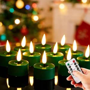 lot 2378 image: Eywamage Green Christmas LED Tealights with Remote Batteries, Flickering Flameless Tea Lights Votive Candles Set of 12