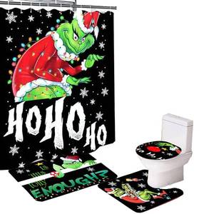lot 2385 image: Merry Christmas Bathroom 4-Piece Set, Shower Curtain, Non-Slip Rug, Toilet Seat Cover and Bath Mat Christmas Holiday Bathroom Decor with Hooks 72 x 72 inches (Style 2)