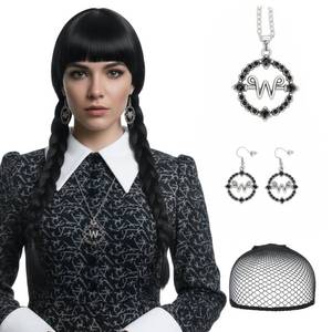 lot 2423 image: S-noilite Wednesday Addams Braided Black Wig with Bangs Long Braids Wigs for Women Girls Cosplay Party HalloweenWig Cap