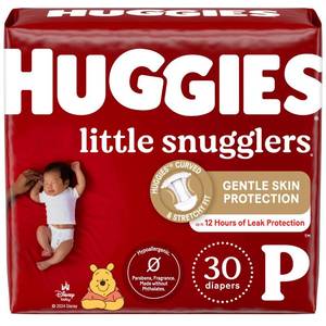 lot 2427 image: Huggies Newborn Diapers, Little Snugglers Baby Diapers, Size Preemie (up to 6 lbs), 30 Count