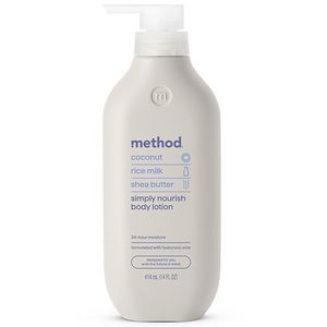 lot 2436 image: Method Body Lotion  Simply MMF7 Nourish  Coconut  Rice Milk  Shea Butter notes  24 Hours of Moisture 14 oz