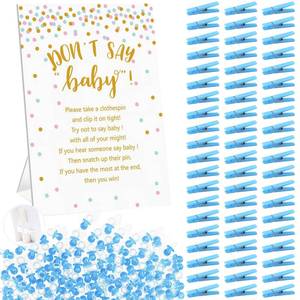 lot 2445 image: Dont Say Baby Shower Clothespin Game Boy Includes 8x11 Standing Sign, 60 Mini Blue Clothes Pin, 60 Mini Pacifiers