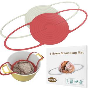 lot 2448 image: Silicone Bread Sling Dutch Oven - Non-Stick & Easy Clean Reusable Sourdough Bread Mat Sling with Long Handles,Round Baking Tools and Supplies (Beige & Red)