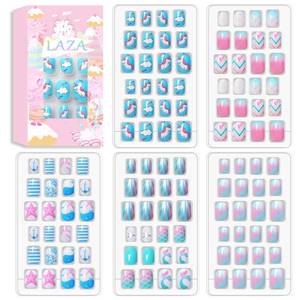 lot 2449 image: Laza 120pcs Children Nails Press On Pre-glue Full Cover Nail Tips Kit Glitter Gradient Color Rainbow Short Artificial False Nail Kits Lovely Christmas Gift for Children Kids Girls - Ocean Seashell