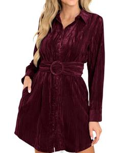 lot 2452 image: R.Vivimos Womens Shirt Dress Fall Velvet Button Down Long Sleeve Casual Mini Dress with Belt (X-Large, WineRed)