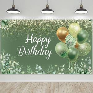lot 2475 image: WovWeave Sage Green Happy Birthday Backdrop Banner 71 x 43 Inch Greenery Eucalyptus Photo Prop Green Gold Party Photography Background for Baby Shower Birthday Party Decoration Supplies