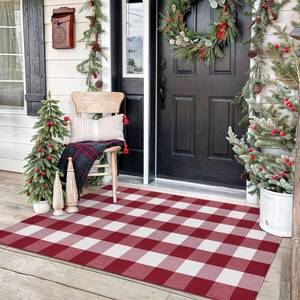 lot 2479 image: KOZYFLY Buffalo Plaid Rug 3x5 Ft Red and White Checkered Rug Christmas Halloween Fall Door Mat Woven Cotton Washable Area Rugs Door Mat Outdoor Entrance for Front Porch Entryway