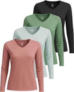 lot 2493 image: Real Essentials 4 Pack Womens Long Sleeve Dry Fit V-Neck T-Shirt - Active Athletic Workout Gym Top - Set 4, M