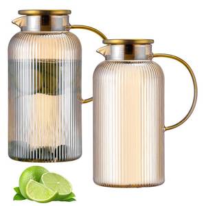 lot 3401 image: Buaic Glass Pitcher with Lid, 2 PACK 84 oz 2.5 Liter Amber Classic Vertical Stripes Water Pitcher,Glass Water Carafe for Cold Brew, Coffee, Lemonade, Iced Sun Tea,Beverage, Milk, Heat Resistant