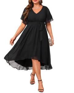 lot 3417 image: Talisea Plus Size Cocktail Dress Black Wedding Guest Formal Chiffon Short Sleeve High Low Semi Formal Dress Curvy Women