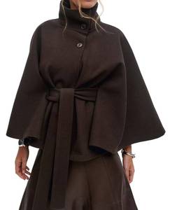 lot 3439 image: Medium CHARTOU Women Batwing Sleeve Ponchos Pea Coat Wool Stand Collar Belt Capes Jacket Winter Cropped Overcoat (Medium, Coffee)