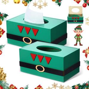 lot 3456 image: 1 Pack Christmas Tissue Box Cover Rectangle Christmas Elves Print Tissue Box Holder Wooden Xmas Decorative Facial Covers for Xmas Gift Countertop Bathroom Kitchen Bedroom