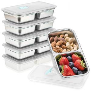 lot 3480 image: BSTUR 6Pcs 304 Stainless Steel Snack Containers, 30 oz 2 Compartments Portable Food Storage Bento Boxes with Leakproof Lids, Divided Meal Prep Lunch Box Food Container Dishwasher Safe