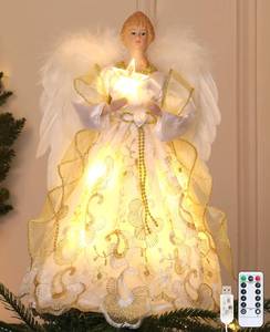 lot 3487 image: HMASYO Christmas Tree Topper Angel with Timer Lights, 12 Angel Tree Toppers with White Feather Wings, Star Light, Remote Control and USB Power Xmas Treetop Decor for Indoor Office Holiday Party