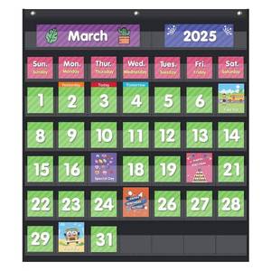 lot 4296 image: EAMAY Classroom Monthly Calendar Pocket Chart with 71 Cards for Kids Learning for Home,Homeschool Supplies and Classroom Must Haves(Black)