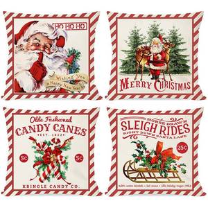 lot 4299 image: PANDICORN Vintage Christmas Pillow Covers - 18x18 Set of 4 for Christmas Decorations, Red Retro Santa Trees Candy Cane Sleigh Rides Reindeer Rustic Country Holiday Decor Throw Pillows Cases