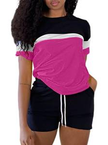 lot 4310 image: LovelyWholesale Summer Short Sets for Women Color Block Tops and Shorts 2 Piece Outfits Hot Pink X-Large