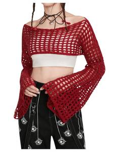 lot 4329 image: SHENHE Womens Crochet Shrug Hollow Knit Bolero Shrugs Sweater Crop Top Y2K Bell Sleeve Sweater Red Medium
