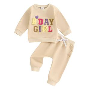 lot 4336 image: Kayotuas Baby Girl Fall Clothes Birthday Girl Outfit Letter Embroidery Sweatshirt Long Sleeve Pullover Tops & Pants 2Pcs Set (Apricot, 4-5T)