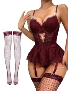 lot 4357 image: Lilosy Sexy Stocking Rhinestones Heart Garter Underwire Floral Mesh lace Sheer Babydoll Lingerie Teddy Bodysuit Skirt Set Women 2 3 Piece Push Up See Through Wine Red Small