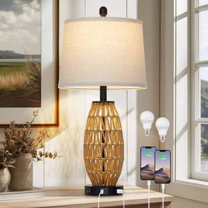 lot 5294 image: CINSARY 27 Boho Rattan Table Lamp with Night Light, Wicker Bedside Lamp with USB AC Charging Port & AC Outlet, Woven Coastal Bedroom Lamps for Nightstand, Tall Farmhouse Lamps for Living Room Single