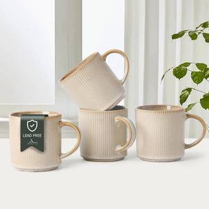 lot 5302 image: MONITO 16Oz Coffee Mugs Set of 4, Rustic Ceramic Coffee Cups Set with Large Handle, Vintage Striped Stoneware Coffee Mugs for Latte, Cocoa, Tea, Milk, Microwave & Dishwasher Safe, Bonbon Beige